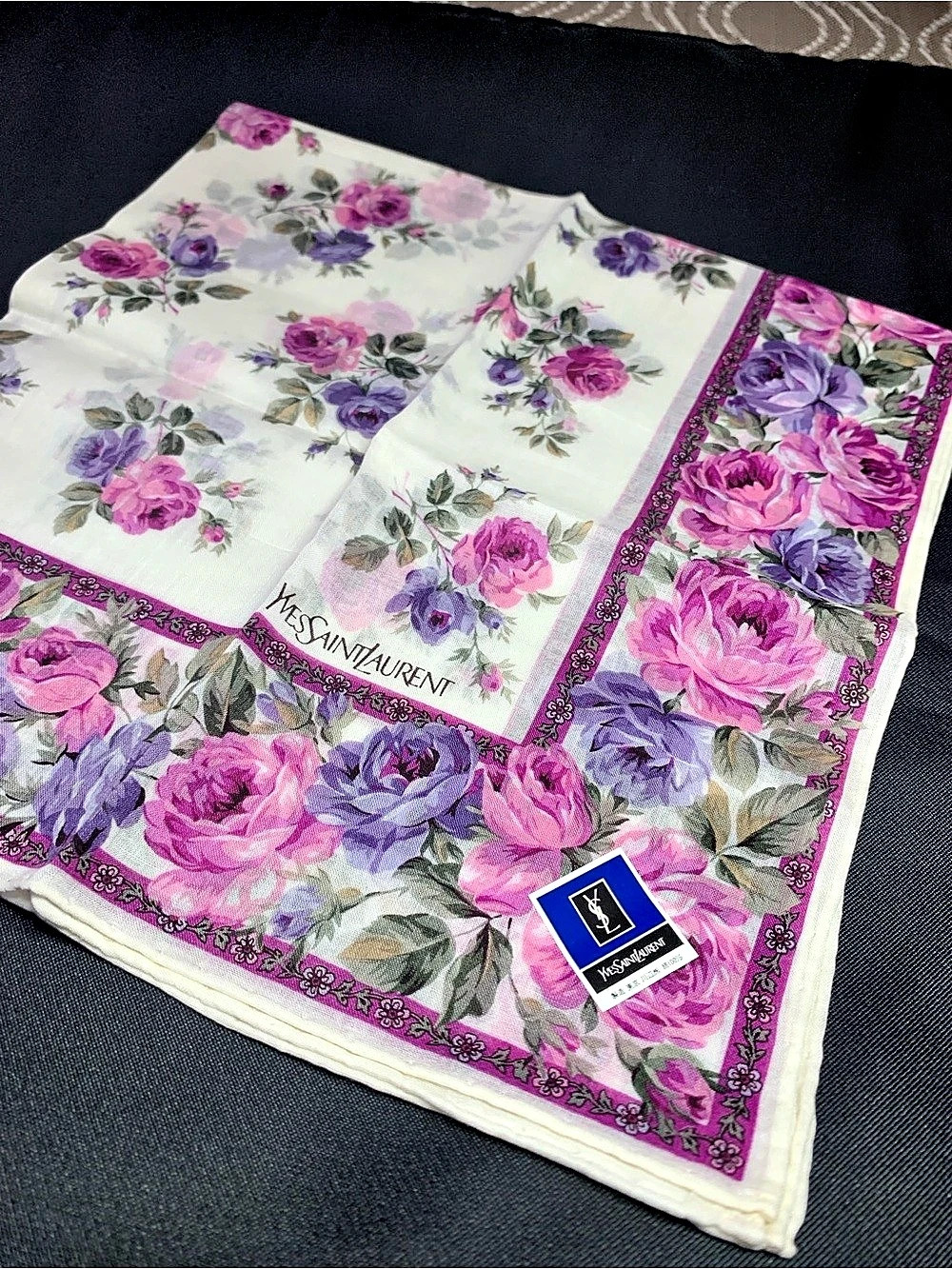Yves Saint Laurent Floral Print Handkerchief Scarf Pink & Purple